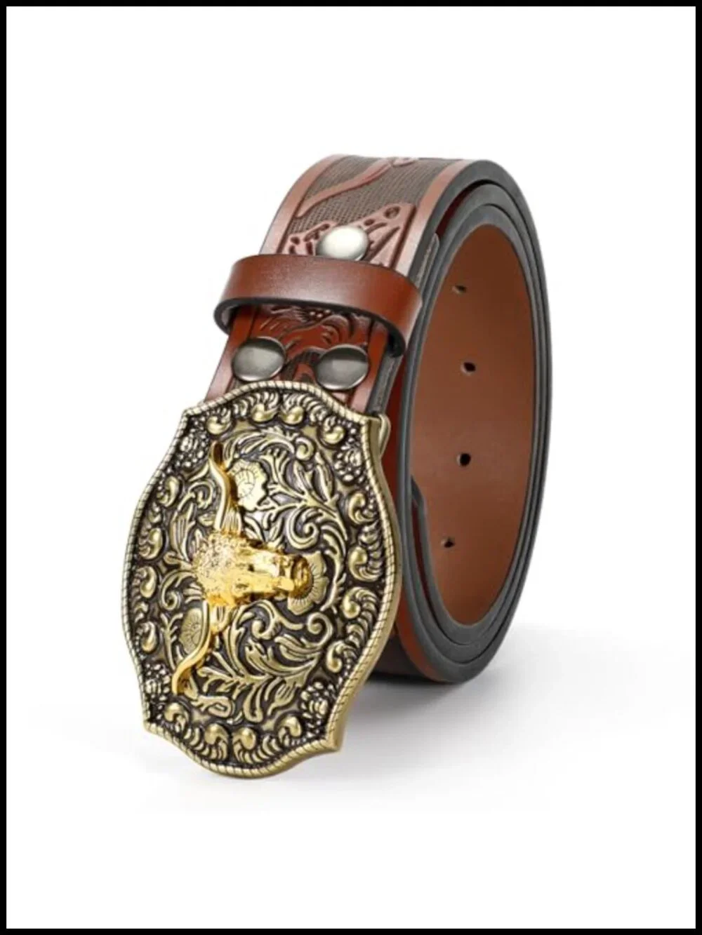 Western Cowboy Belt with Floral Engraved Buckle for Men Women